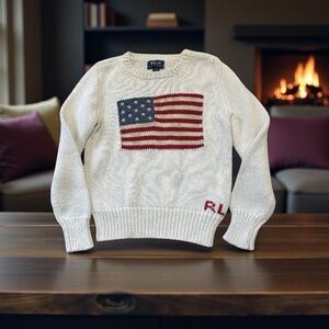 Ralph Lauren Cream Blue & Red Kids Knit Sweater with American Flag 
Size S (7)